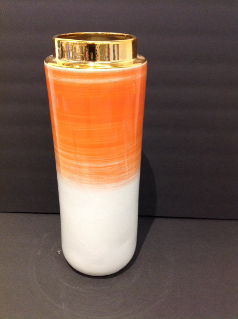 16" White/Orange Ceramic Brass Tone Vase