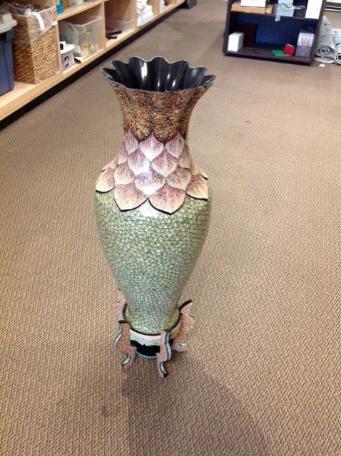 32" Metal Crackle Floral Design Vase w/Stand