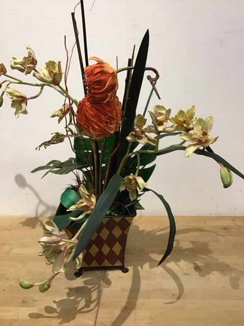 36" Tropical Florals In Harlequin Metal Planter