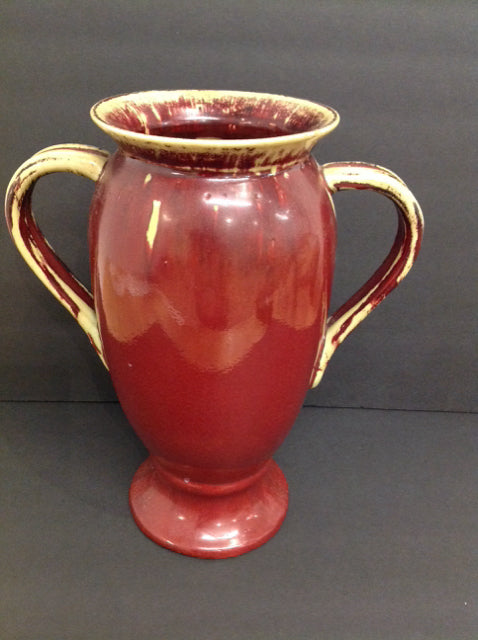 14" Burgundy/Yellow Glazed Pottery Vase w/Handles