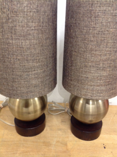 19" Pair Of Gold Ball & Wood Lamps