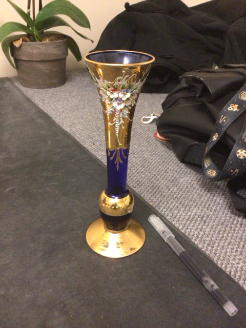 8" Trefuochi Murano Glass 24k Gold Painted Bud Vase