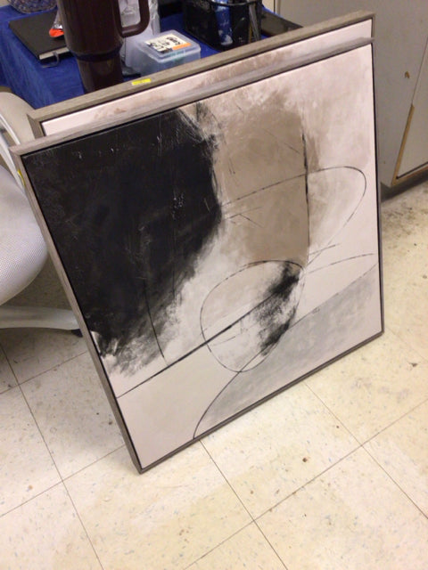 29" Square Wood Framed Beige/Black Abstract Print On Canvas