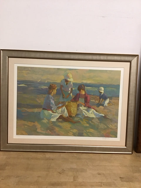 39"x29.5" Beach Children W/Basket Framed Art Signed