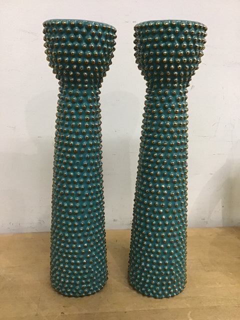 Pair Of 16" Teal Beaded Gold Dot Candle Holders