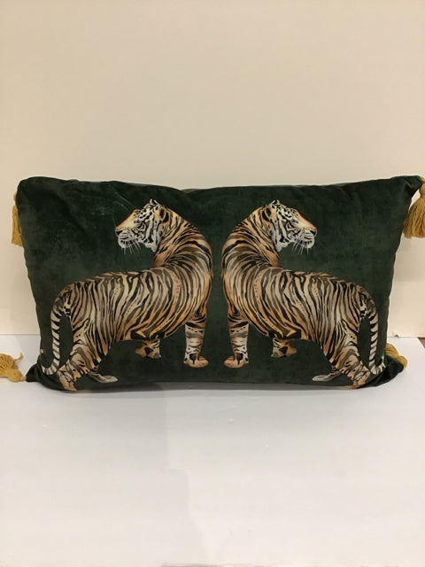 Green Velvet Tiger Pillow w/Yellow Tassels