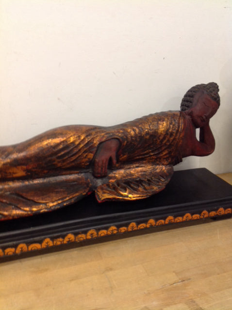 36" Wood Carved Buddah On Stand
