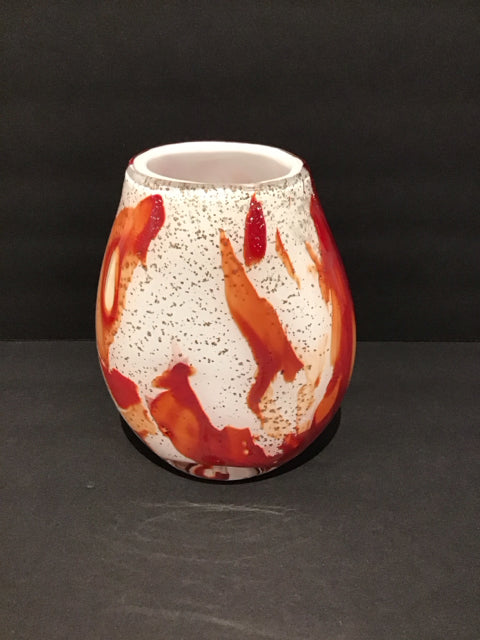 8" Art Deco White Glass Vase w/Red Design