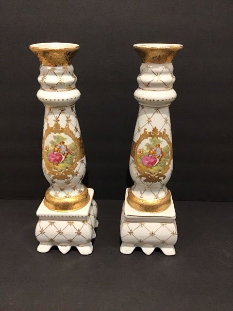 13" Pair Limoge White Porcelain Candle Sticks