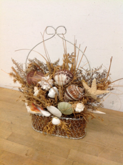 15" Dried Grass Seashells In Metal Basket