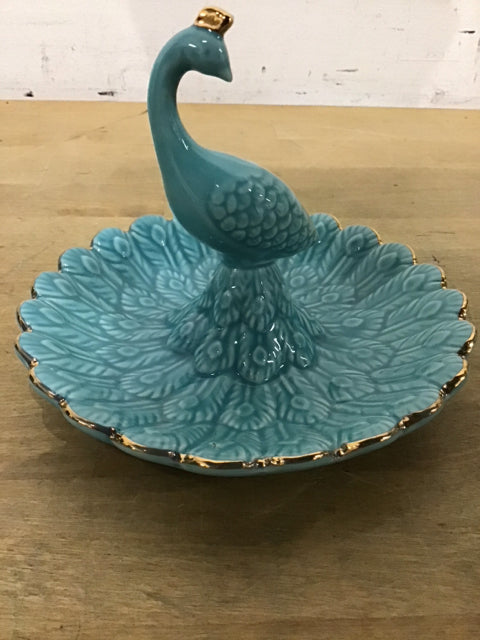 6" Round Aqua Peacock Jewelry Holder