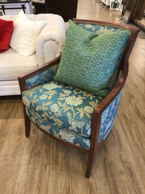 Sam Moore Blue & Gold Floral Pattern Wood Arm Chair W/Pillow