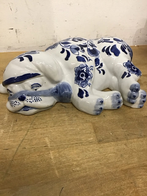 11" Blue & White Sleeping Dog Sculpture