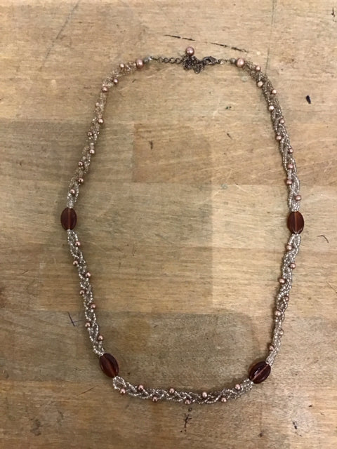 Braided Seaded Bead Necklace W/Amber Disc