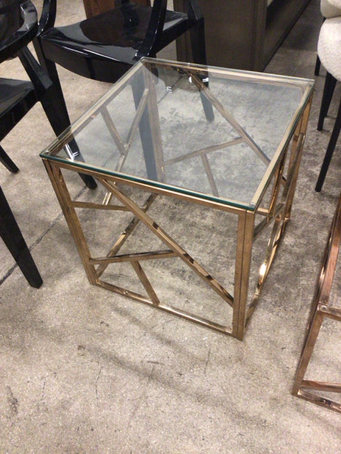 17 1/2" Square Glass Top Copper Geometric Base End Table