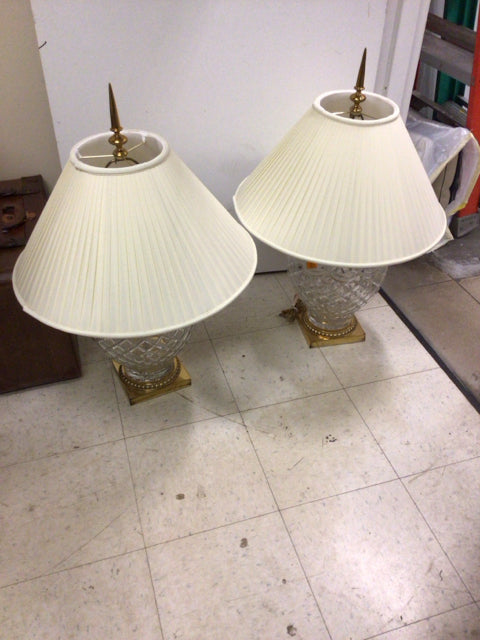 Pair Of Cut Glass Brass Base Table Lamps W/Shades