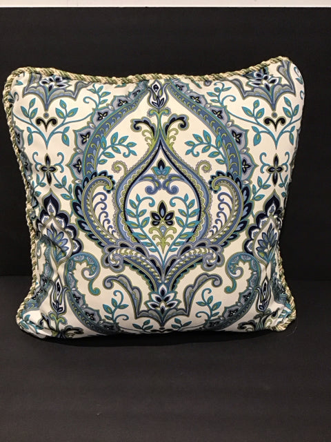 Tan/Blue Green Medallion Pillow w/Braid