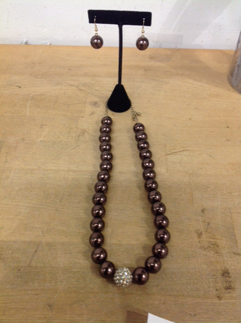 Necklace- Plum Beads Rhinestone & Earrings Set