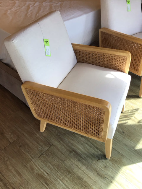 Light Wood Cane/Cream Upholstered Arm Chair