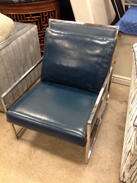 Blue Leather & Chrome Club Chair