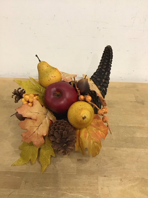 14" Resin Cornucopia W/Fruit & Fall Leaves