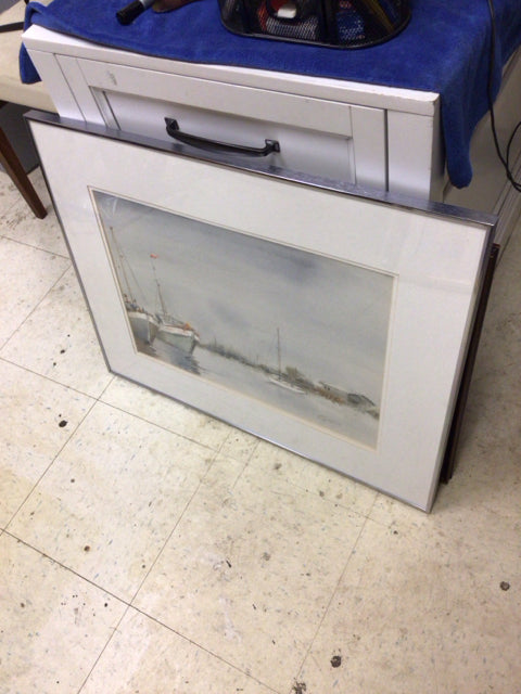 28" X 22" Silver Framed Coastal Port W/Ships Watercolor On Board