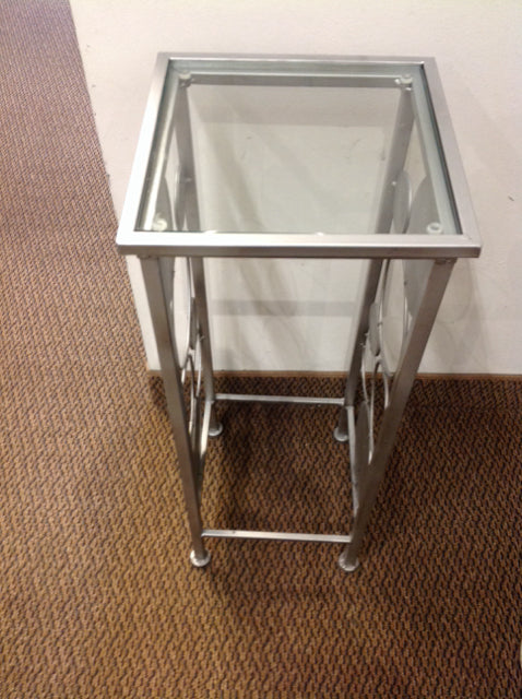 26" Silver Metal & Glass Plant Stand