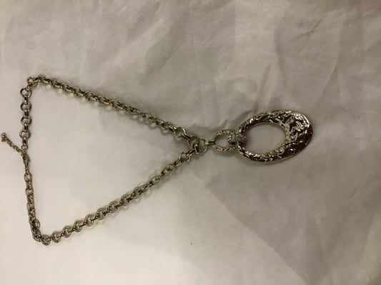 Goldtone Link Necklace Double Hoop Pendant W/Rhinestones
