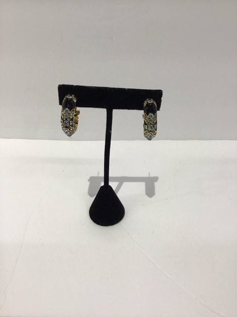 Gold Earrings Black Enamel w/Crystals