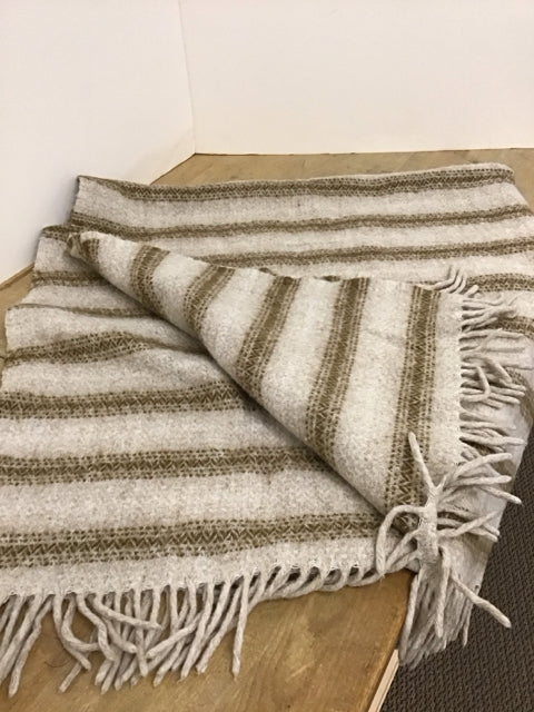 Beige/Brown Striped Wool Throw w/Fringes