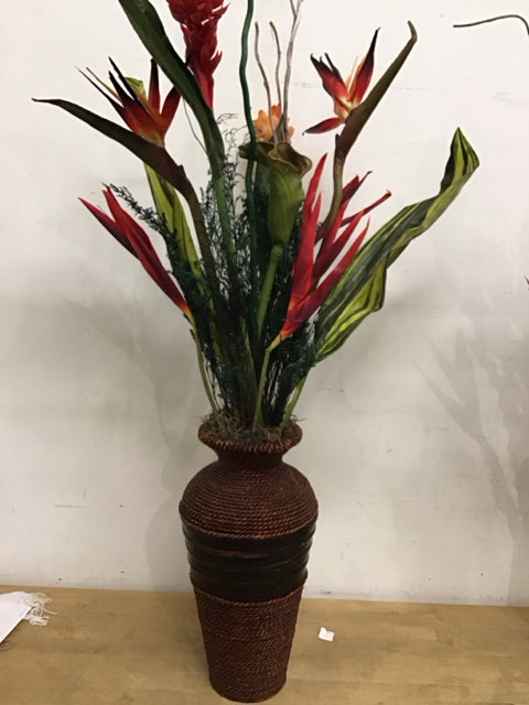Multi Faux Tropical  Florals In Wicker Vase