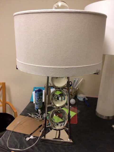 Triangle Base Chrome & Glass Ball Table Lamp W/Shade