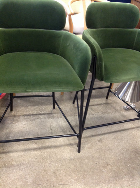 Set Of 2 Cb2 Green Velvet & Metal Bar Stools