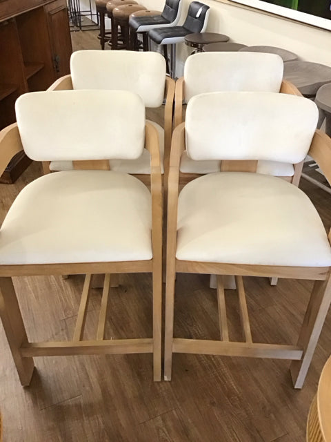 Set/4 Tan Upholstered Wood Bar Stools