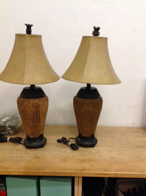 28" Pair Faux Wicker/Bronze Lamps w/Shades