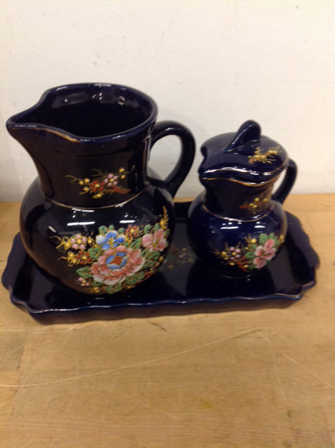 3 Pc Japan Blue Floral Pitcher Tray Set