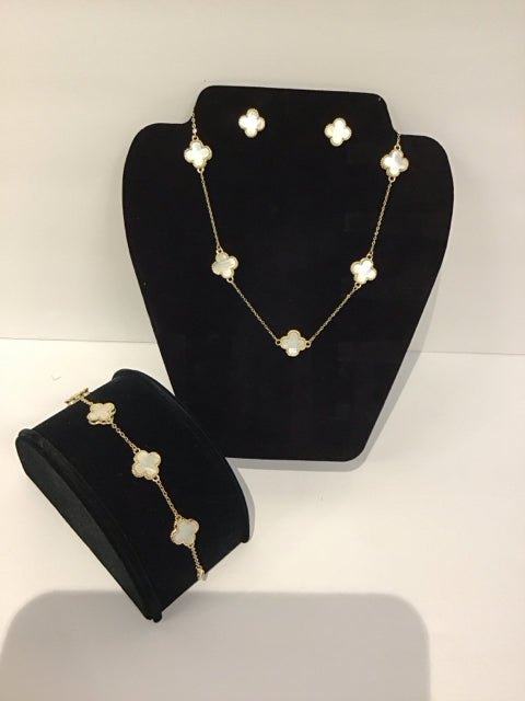 Van Cleef Style Gold/MOP Necklace,Earrings Bracelet Set