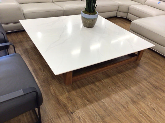 Large White Marble Top Wood Base Coffee Table