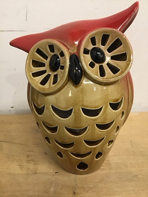9" Orange & Beeige Ceramic Owl Votive Holder