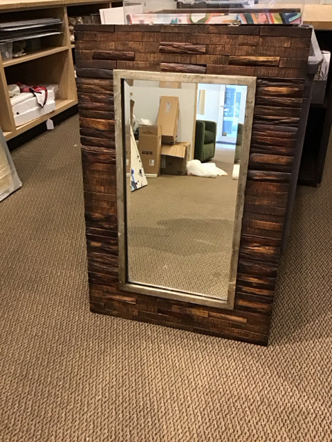 24x36 Block Wood Mosaic Framed Mirror AS-IS Frame Has Scratches
