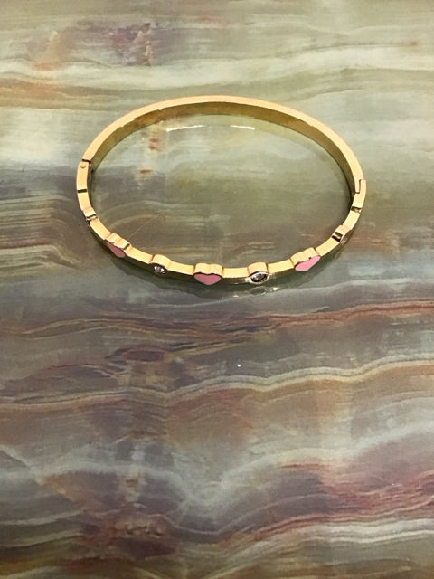 Goldtone Enamel Pink Hearts Crystal Bracelet