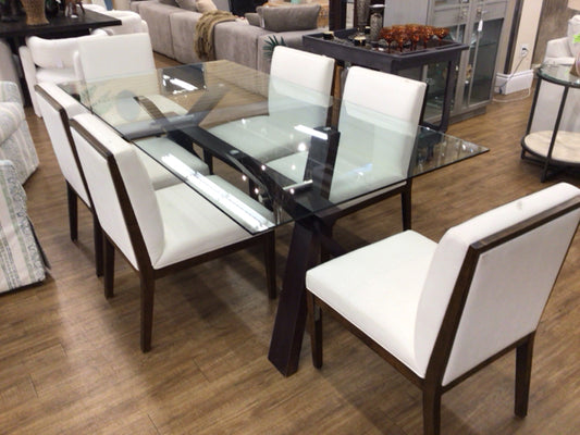 82 1/2" X 43" AS-IS Glass Top Wood Base Dining Table W/6 Chairs