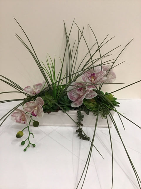 Faux Orchids/Sedum Arrangement White Planter