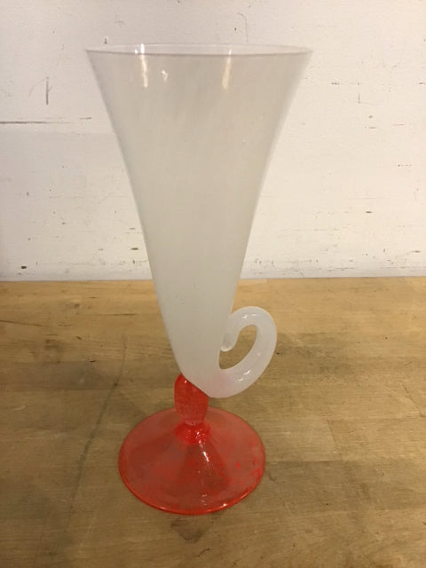 10" White Frosted Horn Glass Vase W/Orange Base