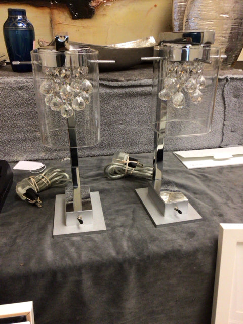 Pair Of Chrome & Crystal Table Lamps W/Shades(W/Standard Plug Adapter)