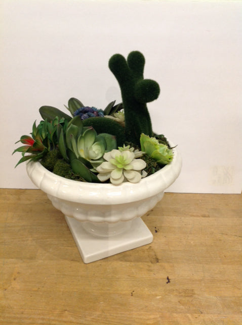 White Porcelain Pedestal Bowl w/Succulents Moss Snail