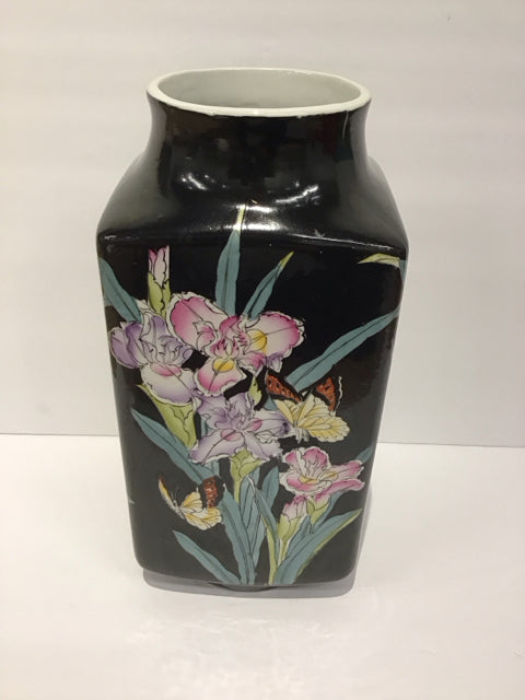 13" Black Ceramic Vase w/Floral Decor