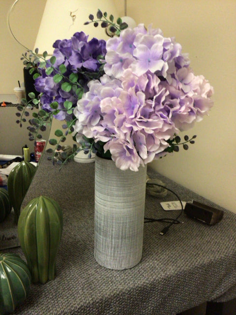 17" Purple Floral Arangement In Grey/White Cylinder Vase