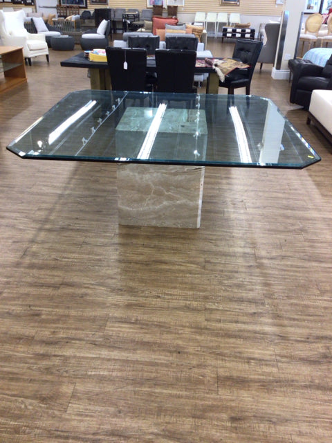 Beveled Square Glass Top Marble Pedestal Dining Table
