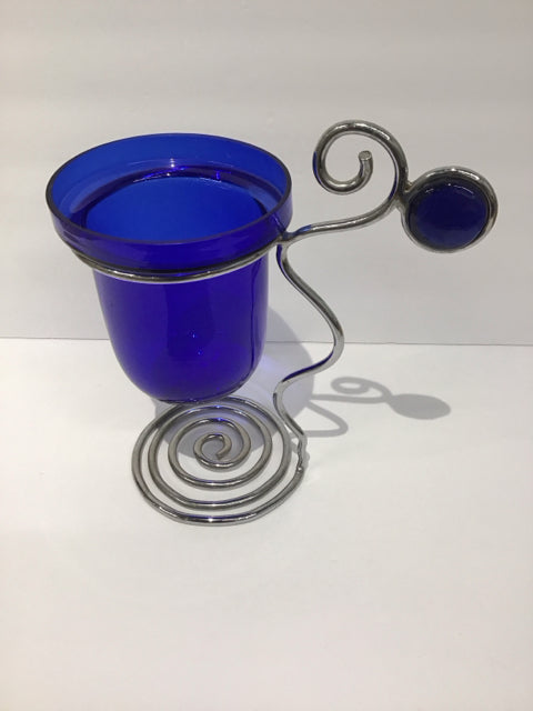 Blue Glass Candle Holder in Metal Stand